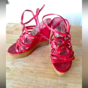 Two lips red leather suede platforms
